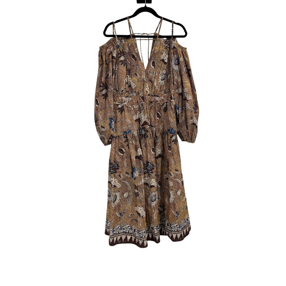 Ulla Johnson Tahlia Yellow Brown Tiered Midi Dress Poplin Open Shoulder Size 8